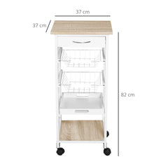 HOMCOM Mobile Rolling Kitchen Island Trolley for Home w/ Metal Baskets Trays Shelves Wheels Compact Stylish Storage White