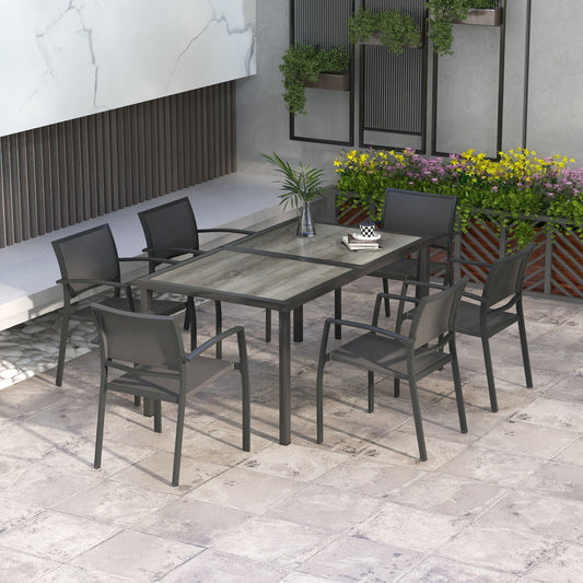 Outsunny Seven-Piece Casual Outdoor Dining Set, with Wood-Effect Table - Grey