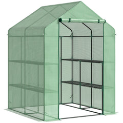 Outsunny Walk in Greenhouse with Shelves Steeple Green House for Garden Grow House Removable Cover 143x138x190cm, Green