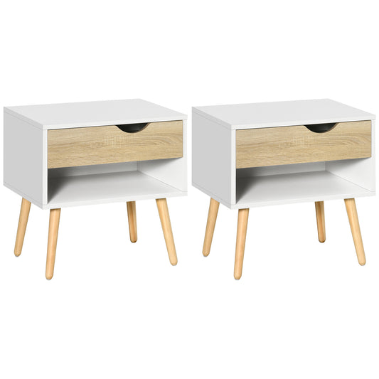 HOMCOM Set of 2 Bedside Table with Drawer and Shelf