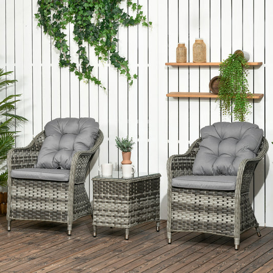 Outsunny 3 Pieces Rattan Bistro Set, Wicker Garden Bistro Set, Glass Top Balcony Table and Chairs with Cushions for Outdoor, Patio, Balcony, Grey