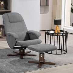 HOMCOM Linen Swivel Recliner Chair with Footstool, Upholstered Reclining Armchair with Wooden Base for Living Room, Grey