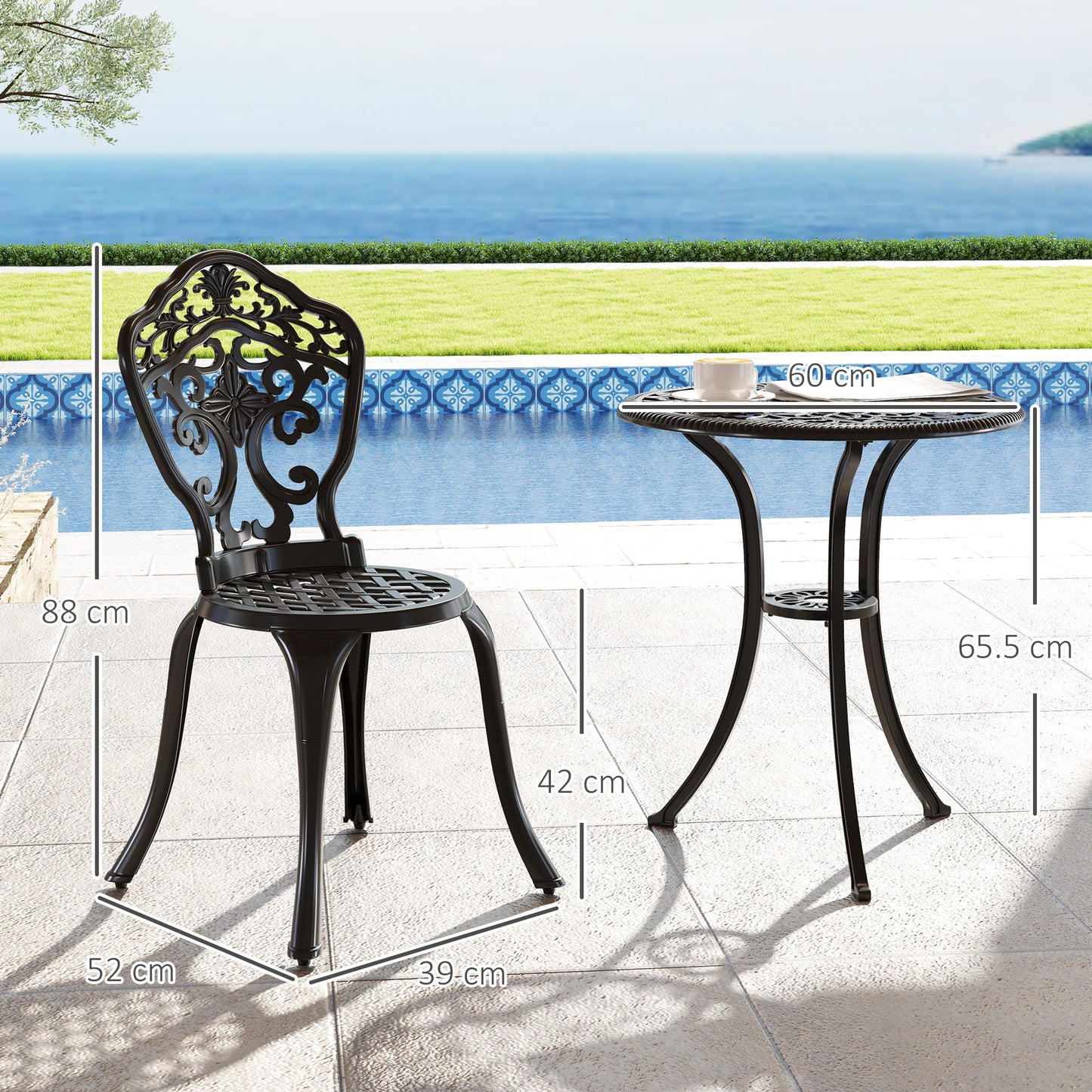 Outsunny Three-Piece Aluminium Floral Bistro Set - Black