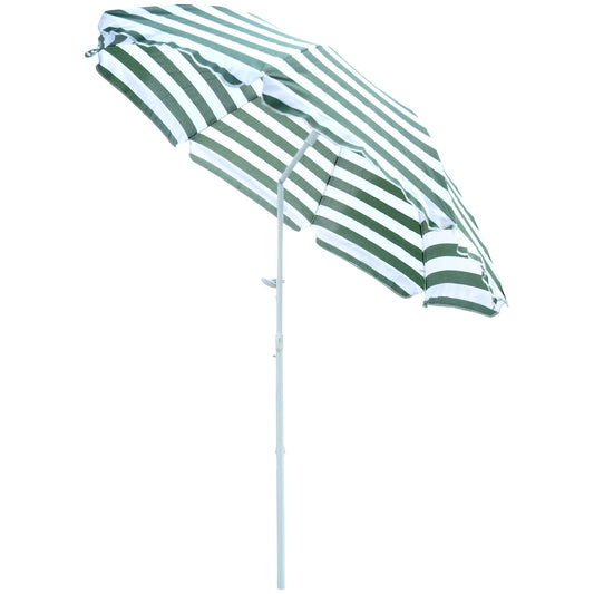 Outsunny 1.8m Beach Parasol Umbrella with Tilt Canopy, Lightweight Patio Garden Sunshade with 8 Ribs, Green & White Stripe