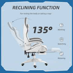 Vinsetto Computer Gaming Chair, PU Leather Desk Chair with Footrest, Swivel Task Chair with 135√Ç¬∞ Reclining Back and Lumbar Support, PC Chair for Adults, White and Grey