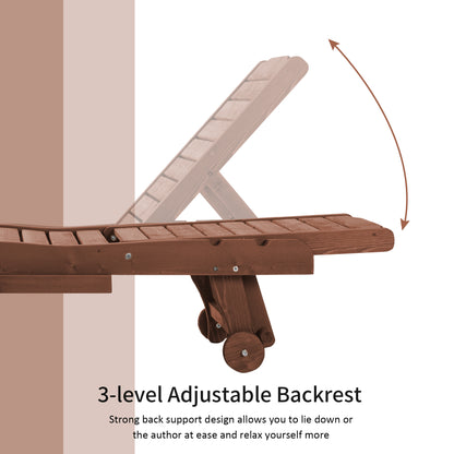 Outsunny Outdoor Wooden Lounger Chair, Sun Bed with Built-In Table, Adjustable Backrest and Wheels, Red Brown