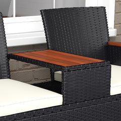 Outsunny Two-Seat Rattan Loveseat, with Wood-Top Middle Table - Black