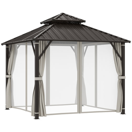 Outsunny 3 x 3(m) Hardtop Gazebo Canopy with Double Metal Roof, Waterproof Permanent Pavilion Garden Gazebo with Netting and Curtains, Easy to Assemble