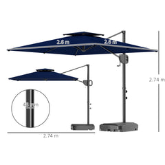 Outsunny Cantilever Parasol with Weighted Base Double Top Garden Parasol Square Hanging Patio Umbrella with Crank Tilt Dark Blue