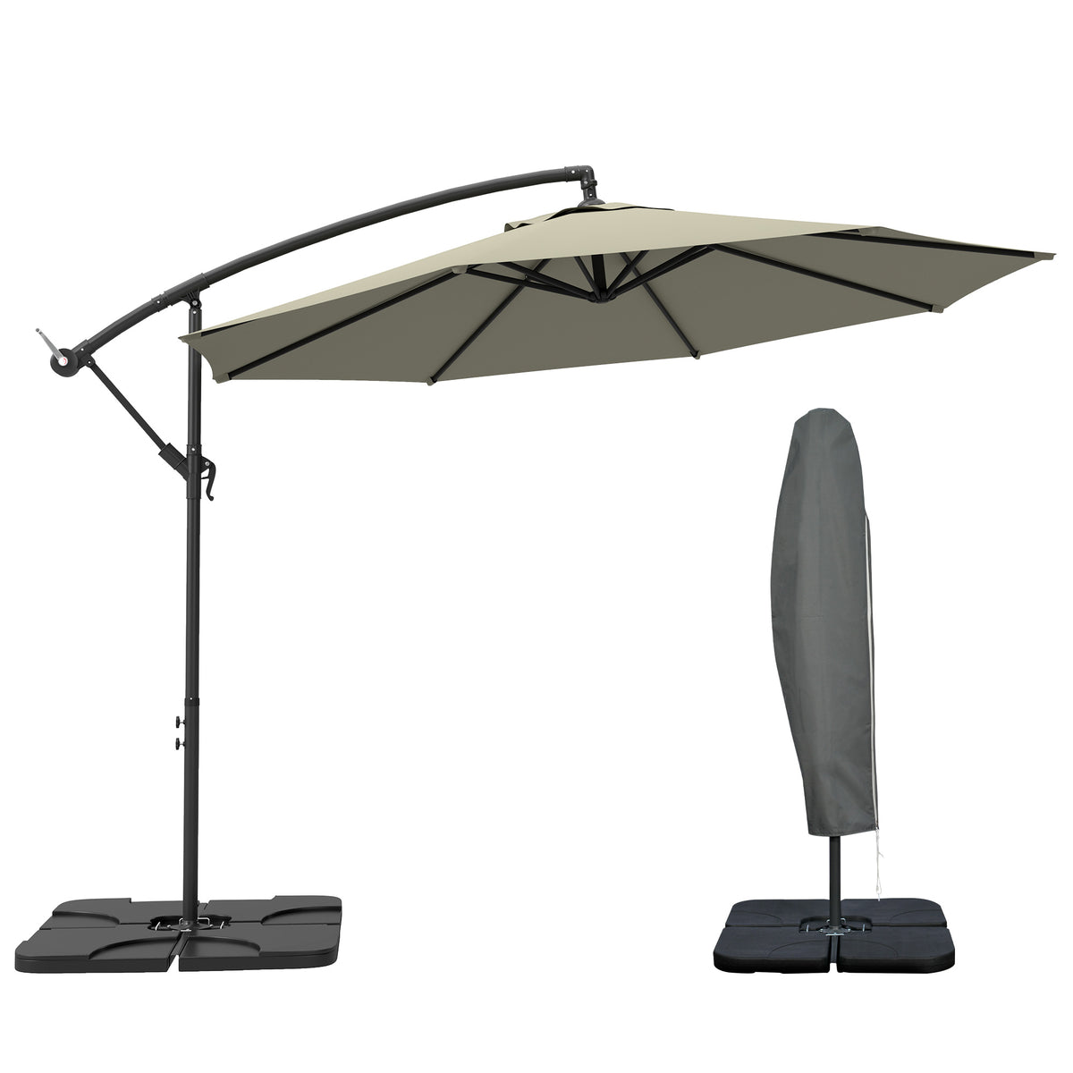 Outsunny 3m Overhanging Parasol, with Base, Weights and Cover - Light Grey