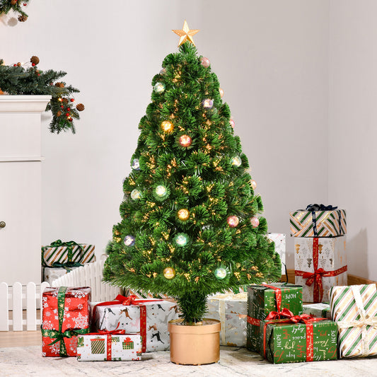 HOMCOM 4FT Prelit Artificial Christmas Tree with Fibre Optics, Baubles Decoration, Golden Pot for Holiday, Home - Green