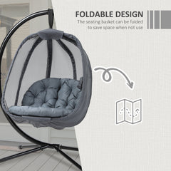 Outsunny Hanging Egg Chair, Folding Texteline Swing Hammock with Side Pocket, Cushion and Stand for Indoor Outdoor, Patio Garden Furniture, Grey