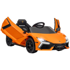 AIYAPLAY Lamborghini Revuelto Licensed 12V Ride on Car w/ Butterfly Doors, Transport Wheels, Suspension, Remote Control, Orange