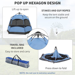 Outsunny Six Man Hexagon Camping Tent with Hang Hook and Carry Bag - Blue and Black