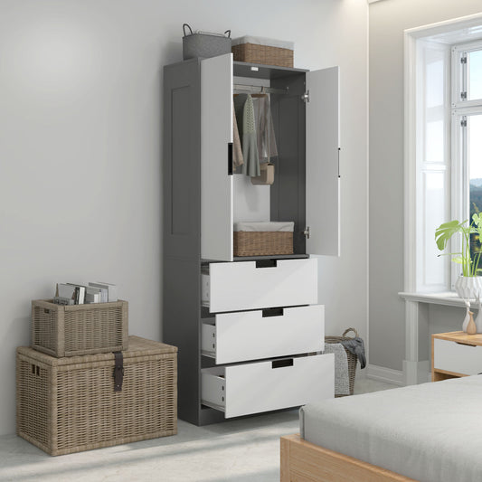 HOMCOM 2 Door Wardrobe, Modern Wardrobe with 3 Drawers and Hanging Rod for Bedroom, Grey