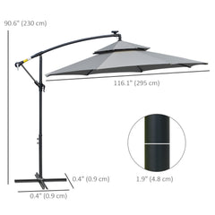 Outsunny 3(m) Cantilever Banana Parasol Hanging Umbrella with Double Roof, LED Solar lights, Crank, 8 Sturdy Ribs and Cross Base for Outdoor, Garden, Patio, Light Grey