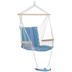 Outsunny Hanging Rope Chair with Soft Padded Seat & Backrest, Portable Garden Hammoc Chair with Wooden Support Bar, Armrests, Cotton Cloth, Footrest, for Patio & Tree, Blue