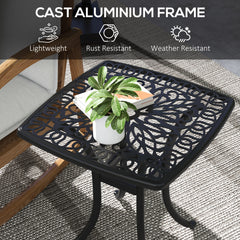 Outsunny Cast Aluminium Bistro Table, Outdoor Square Side Table with Umbrella Hole, Garden Table for Balcony, Black