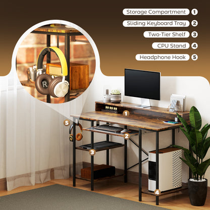 HOMCOM Reversible Computer Desk with LED Lights and Power Outlets, 120 x 55 cm Gaming Desk with Monitor Stand, Sliding Keyboard Tray and Storage Shelves, Industrial Home Office Desk, Rustic Brown
