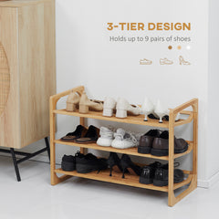 HOMCOM 3-Tier Shoe Rack, Bamboo Shoe Storage Organizer with Slatted Shelves, Free Standing Shoe Shelf Stand for 9 Pairs of Shoes for Entryway, Hallway, Natural