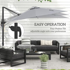 Outsunny 3(m) Adjustable Cantilever Parasol with Base, Solar LED Lights, Light Grey