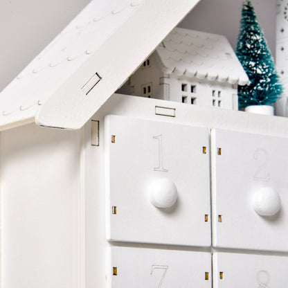 HOMCOM 24-Drawer Christmas Advent Calendar, Wooden Light-Up Traditional Decoration, Adults Kids Countdown Holiday House w/ Lights Handle White