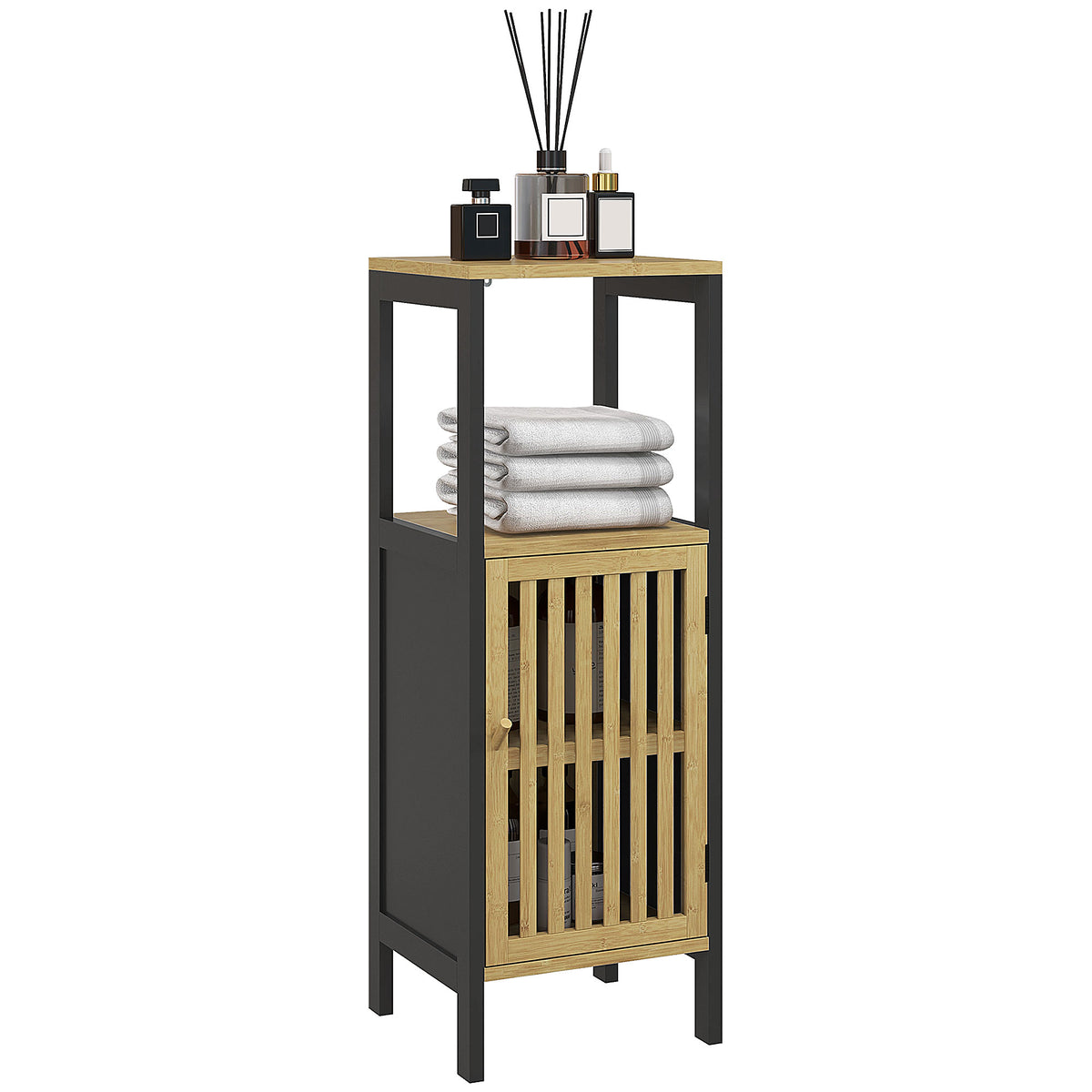 HOMCOM Bamboo-Blend Retro Cut-Out Bathroom Storage Unit, with Cupboard