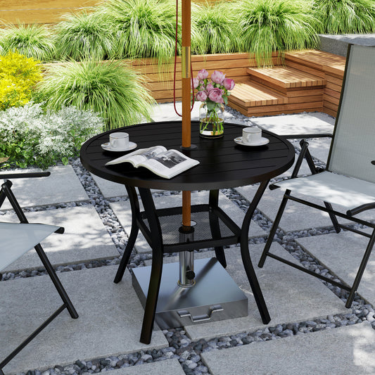 Outsunny 90 cm Garden Dining Table with 4-5 cm Parasol Hole, Round Outdoor Dining Table, Steel Garden Table with Slatted Metal Top and Wire Shelf for Balcony, Porch, Black