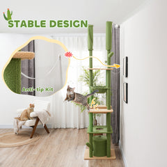 PawHut 225-255cm Adjustable Floor to Ceiling Cat Tree, Tall Cat Tower for Indoor Cats w/ Scratching Posts, Green