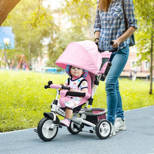 HOMCOM 6 in 1 Kids Trike with Parent Handle, Canopy, 5-point Safety Belt, Storage, Footrest, Brake, for 1-5 Years, Pink