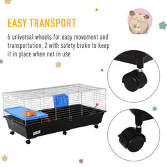 PawHut Small Animal Cage Rabbit Guinea Pigs Chinchillas Cage w/ Wheels Water Bottle Food Dish Platform Ramp 119 x 59 x 50 cm Black