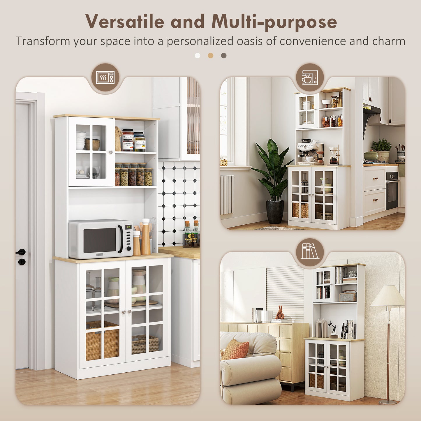 HOMCOM Freestanding Kitchen Cupboard, Storage Cabinet with Doors and Adjustable Shelves, Counter Top, Grid Glass Doors, 80L x 37W x 183H cm - White