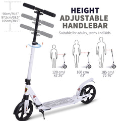 HOMCOM Folding Kick Scooter, Adjustable Ride On Scooter with 200mm Big Wheels and Double Shock Absorption, Urban Scooter for 14+ Teens Adult- White