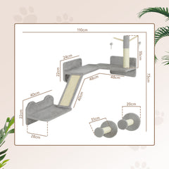 أثاث حائط للقطط من PawHut مكون من 3 قطع مع أعمدة خدش، وسادات خدش، ومجثمات، وعصي للقطط، وكرات لعب، باللون الرمادي الفاتح