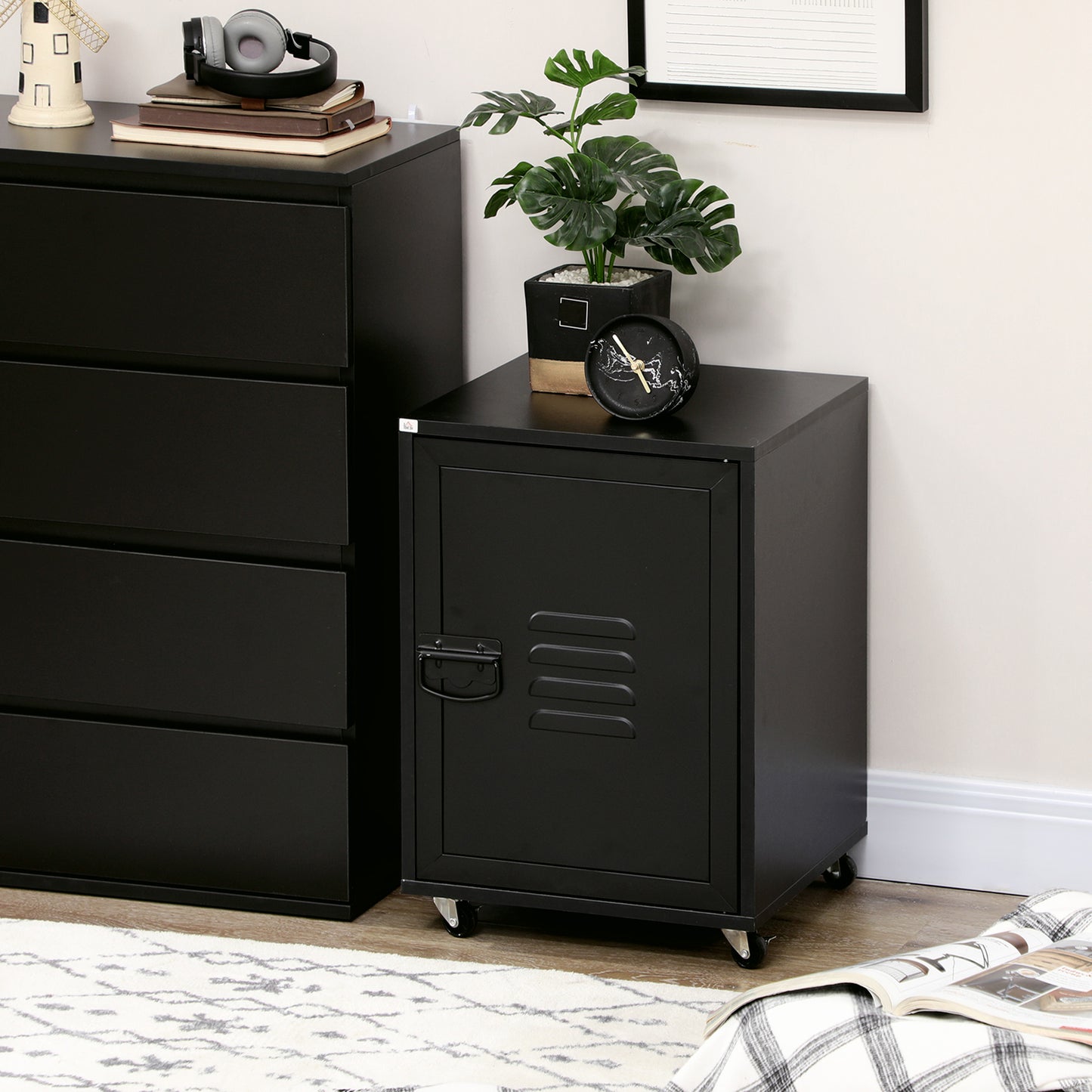 HOMCOM Rolling Metal Storage Locker Cabinet, Industrial Mobile Lockable Cabinet with Adjustable Shelf and Wheels for Home Office Living Room, Black