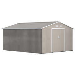 Outsunny 13 x 11ft Garden Metal Storage Shed Outdoor Storage Shed with Foundation Kit Ventilation & Doors, Light Grey