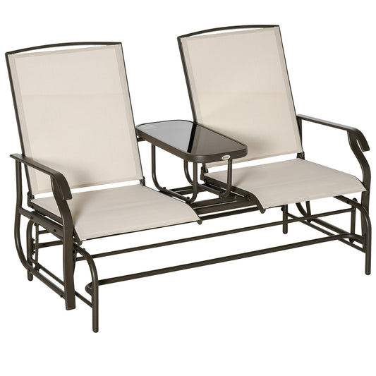 Outsunny 2 Seats Garden Glider Bench, Metal Frame Loveseat with Glass Top Centre Table, Porch Rocking Glider for 2 Person, for Deck, Patio, Brown/ Khaki