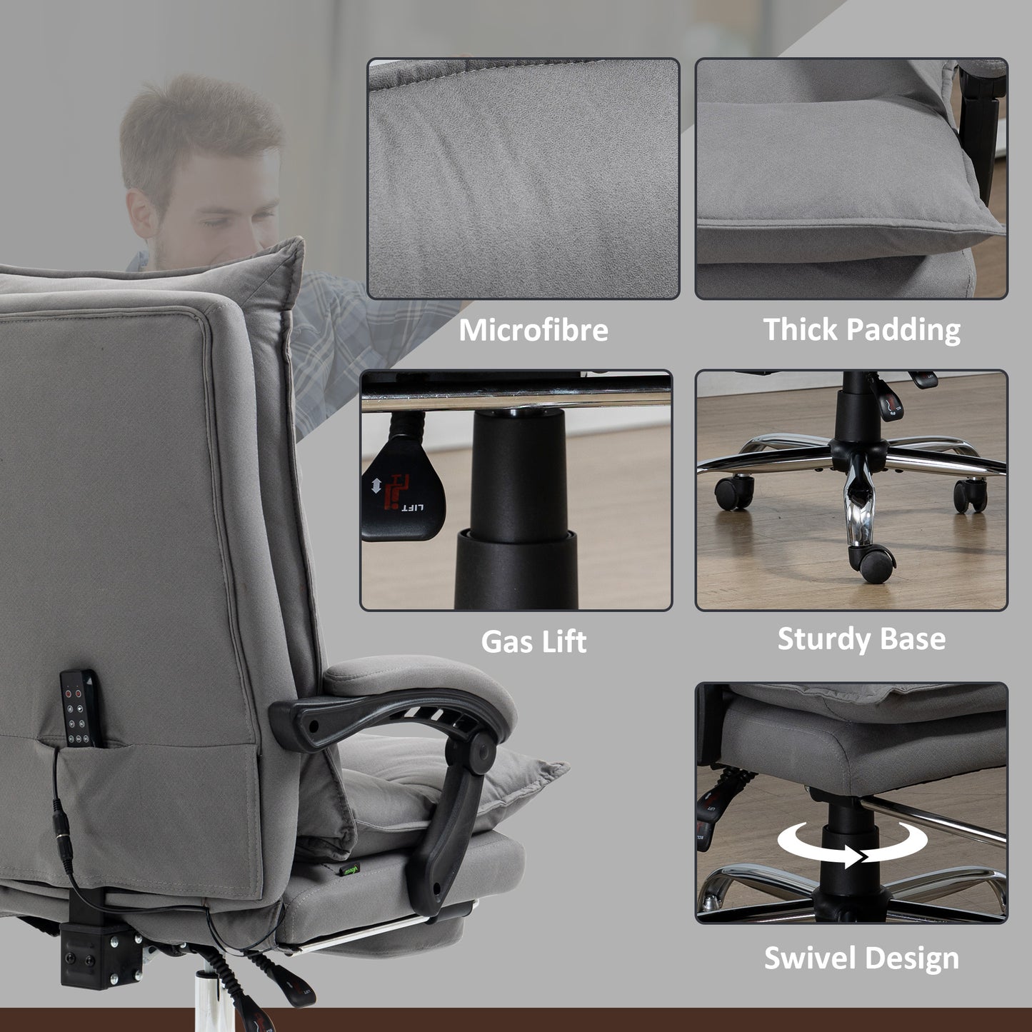 Vinsetto Massage Office Chair with Footrest, Desk Chair with 6 Point Massage and Heat, 155√Ç¬∞ Reclining Back for Home, Thick Padding, Grey