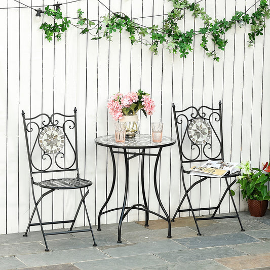 Outsunny 3 Pcs Mosaic Tile Garden Bistro Set Outdoor Seating w/ Table 2 Folding Chairs Set Metal Frame Elegant Scrolling Indoor Patio Balcony