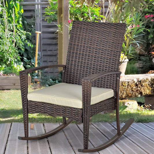 Outsunny Outdoor PE Rattan Rocking Chair, Garden Rocking Chair Set with Armrest and Cushion, Brown