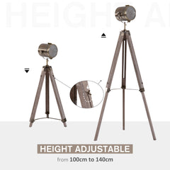 HOMCOM Industrial Tripod Floor Lamp, Nautical Searchlight with Adjustable Height, Wood Legs, E14 Lamp Base for Living Room, Bedroom, Grey and Bronze