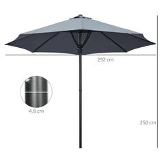 Outsunny Garden 3(m) Parasol Umbrella, Outdoor Market Table Umbrella Sun Shade Canopy with 8 Ribs, Easy Push to Open, Grey