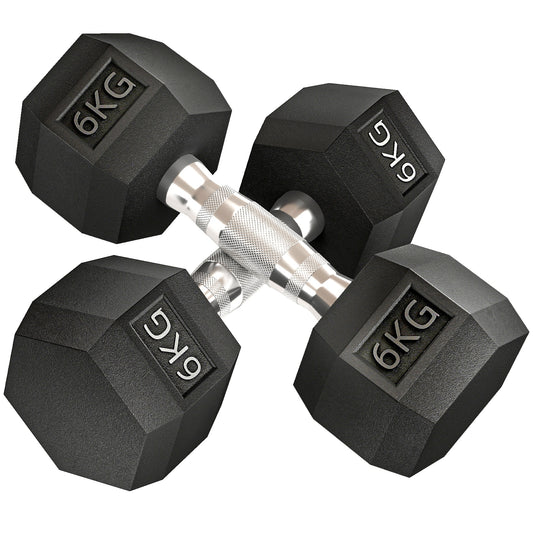 HOMCOM 2x6kg Hex Dumbbells Set Rubber Dumbbells Weight Lifting Equipment Fitness Home Gym