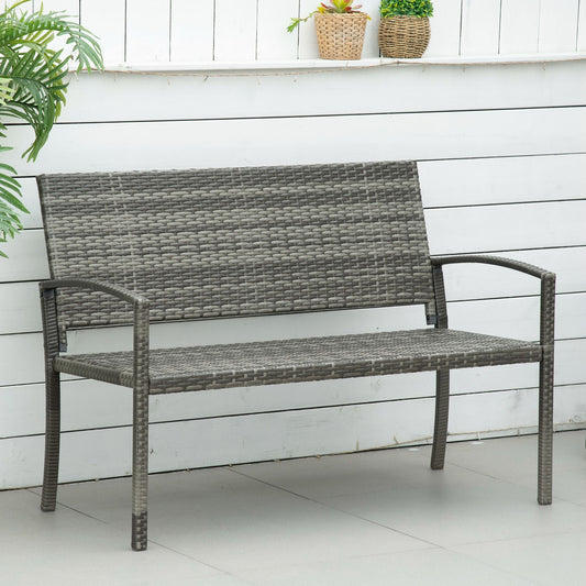 Outsunny 2 Seater Poly Rattan Garden Bench, All Weather Wicker Garden Loveseat, Outdoor Seating Bench with 240 Load Capacity, Backrest and Armrests for Patio, Terrace, Balcony, Grey