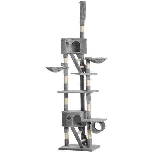 PawHut Floor to Ceiling Cat Tree for Indoor Cats, 240-260cm, Adjustable Height - Light Grey