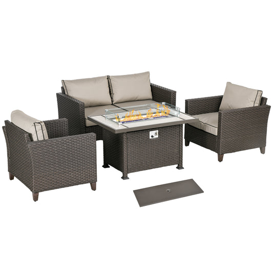 Outsunny 5-Piece Rattan Patio Furniture Set with Gas Fire Pit Table, Loveseat Sofa, Armchairs, Cushions, Pillows, Dark Brown