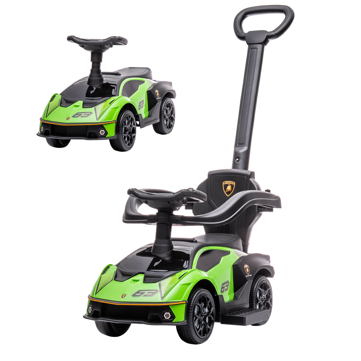 AIYAPLAY Kids 2-In-1 Lamborghini Ride-On and Stroller, with Horn - Green