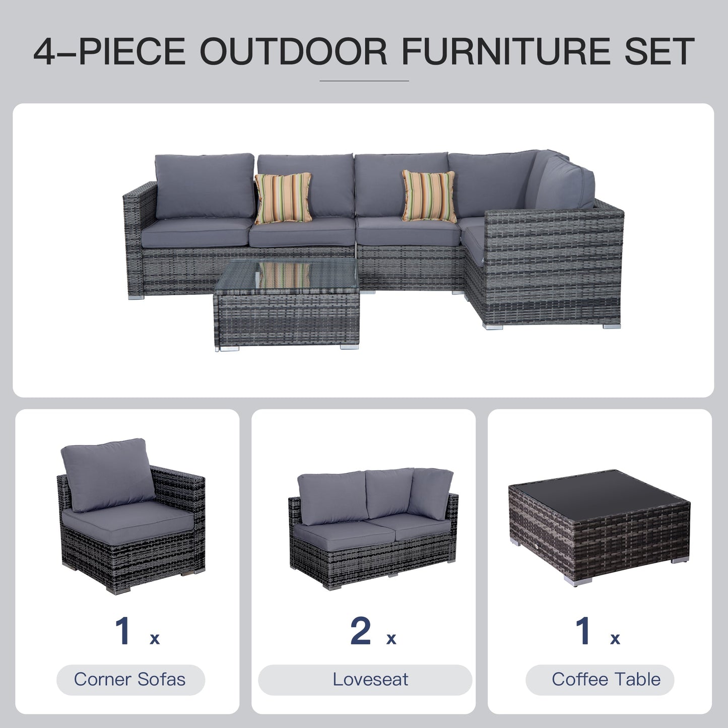 Outsunny 4 Pieces Rattan Garden Furniture Set, Wicker Outdoor Furniture with Corner Sofa Loveseat Coffee Table Cushions, Conservatory Furniture Set for Patio Balcony Poolside, Grey