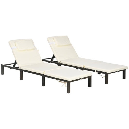 Outsunny Set of Two Reclining Rattan Sun Loungers, with Cushions - Brown/Cream