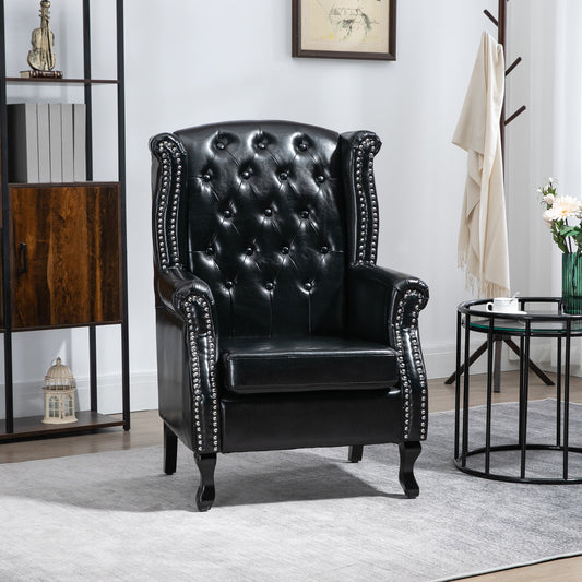 كرسي بذراعين من HOMCOM Wingback Accent Chair بتصميم Chesterfield مع حواف رأس مسمارية لغرفة المعيشة وغرفة النوم باللون الأسود